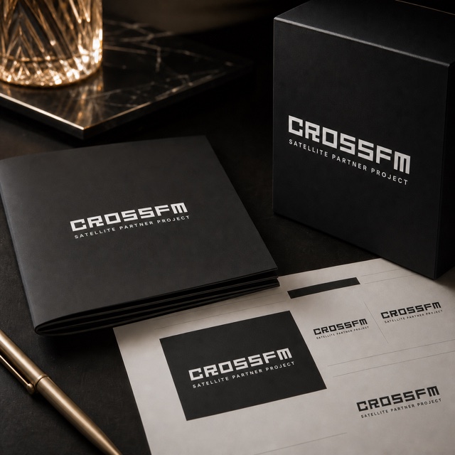 CROSS FM公式ロゴを展開したパンフレットとパッケージ